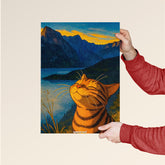 Happy Cat Sunset Mountain Lake Art Poster